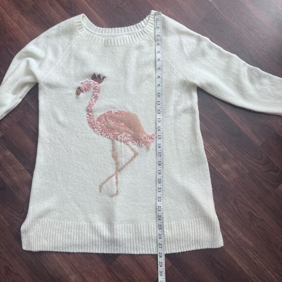 Lauren Conrad Sweater Medium Sequin Flamingo White Crewneck Split Sides Bling - Picture 4 of 8